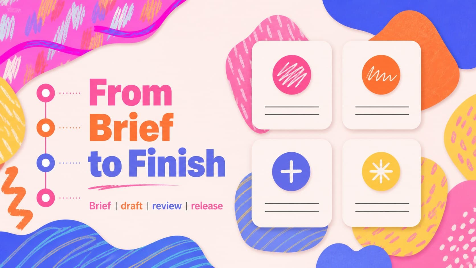 Creative project schedule slide with a colorful milestone timeline and editable team responsibility labels.