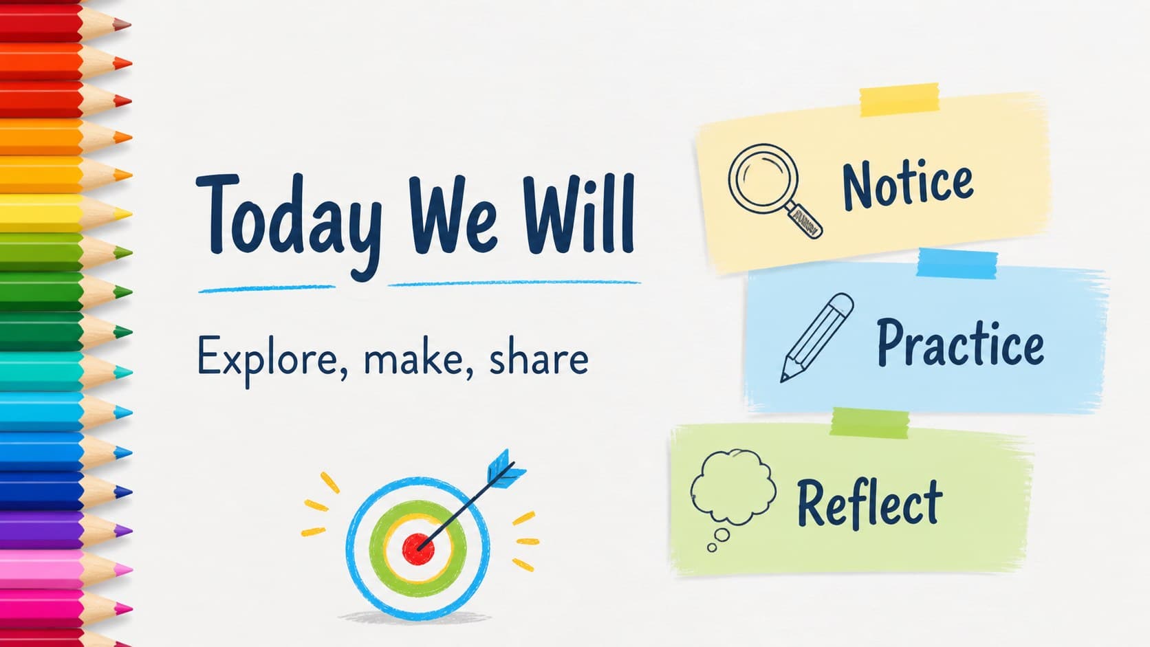 Lesson goals slide showing colorful pencil accents, learning objectives, and a visual learning presentation template layout.