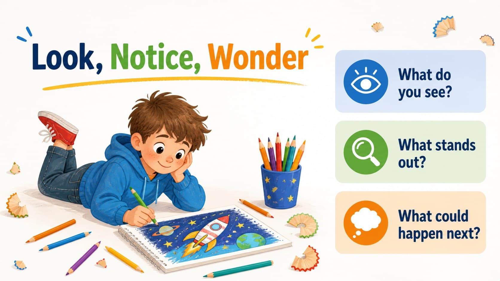 Image-led learning slide with a colorful pencil themed lesson layout and space for classroom discussion.