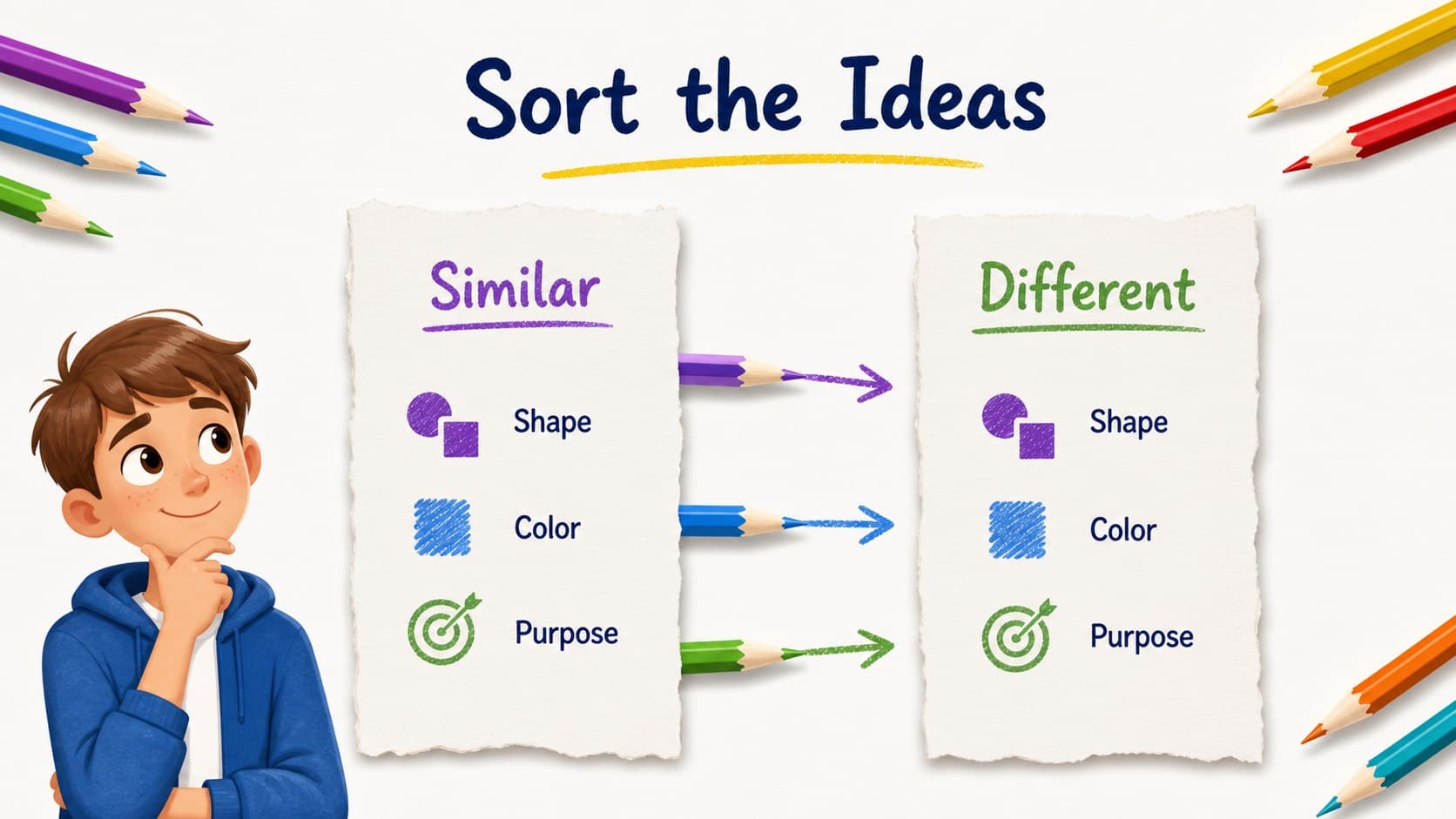 Comparison lesson slide with two colorful paper columns for sorting ideas in a playful education PowerPoint.
