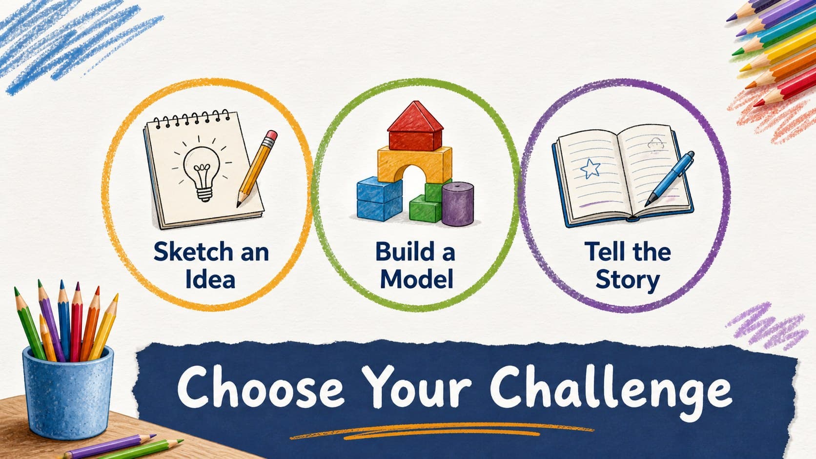 Activity choice slide with colorful illustrated options designed for an interactive classroom activity deck.