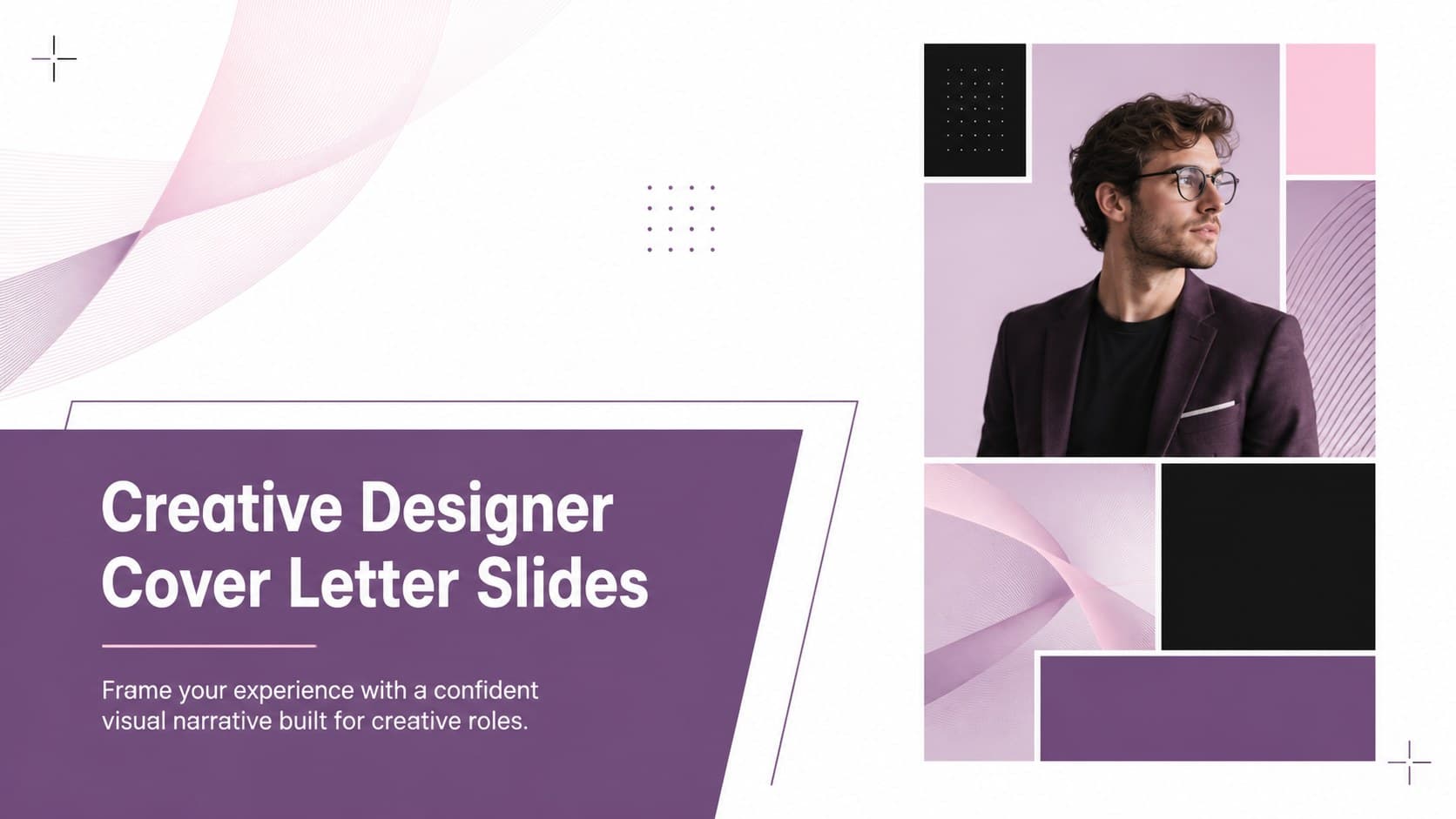 Cover for Creative Designer Cover Letter Slides with bold typography and purple-pink gradient accents.