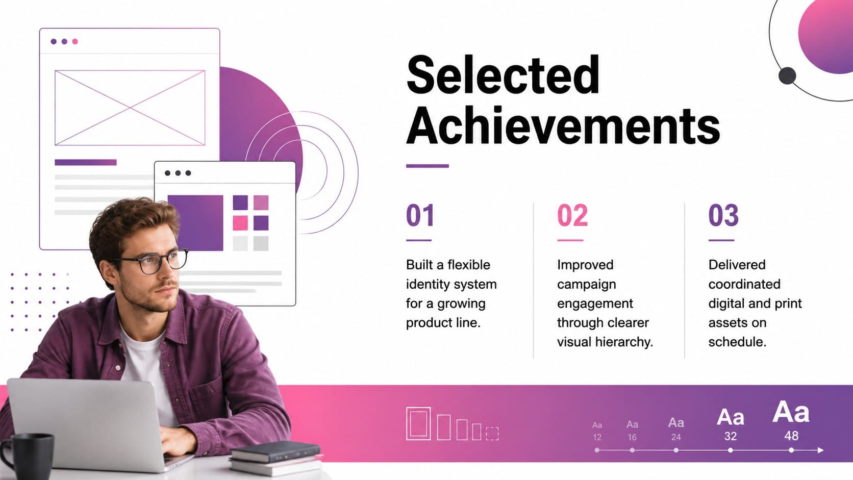 Selected achievements page for an editable designer application deck with three project outcome highlights.