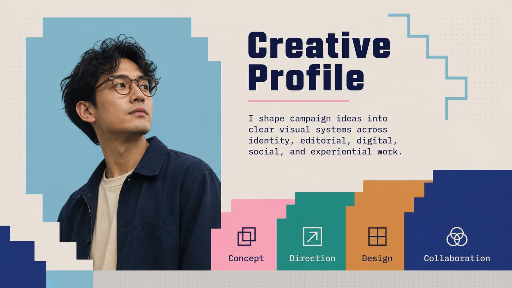 Art director profile slide introducing creative strengths, disciplines, and professional experience in a geometric portfolio layout.