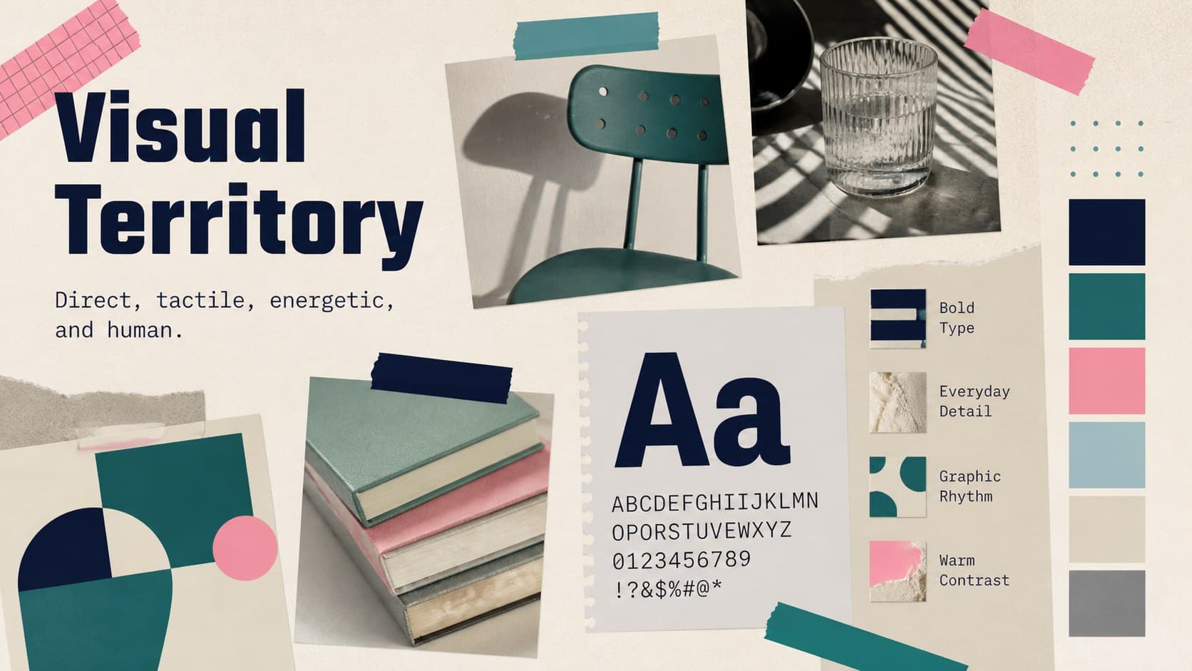 Campaign moodboard slide combining photography, typography, textures, and color swatches for visual direction.