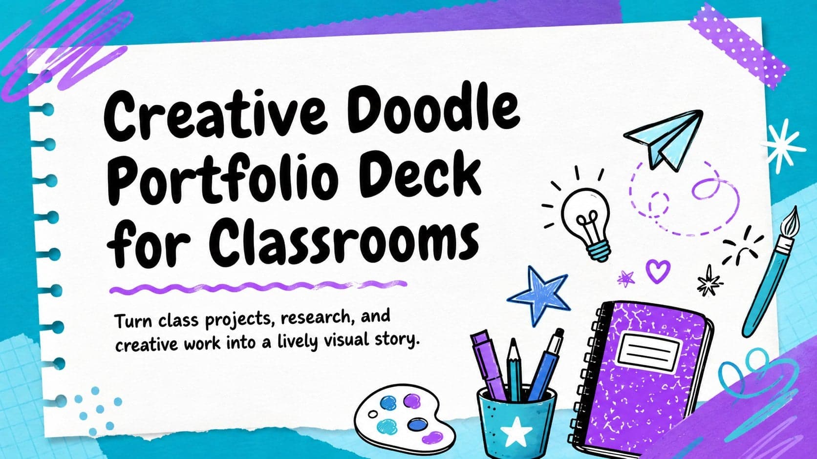 Cover of a creative doodle portfolio deck with teal and purple hand-drawn classroom graphics.