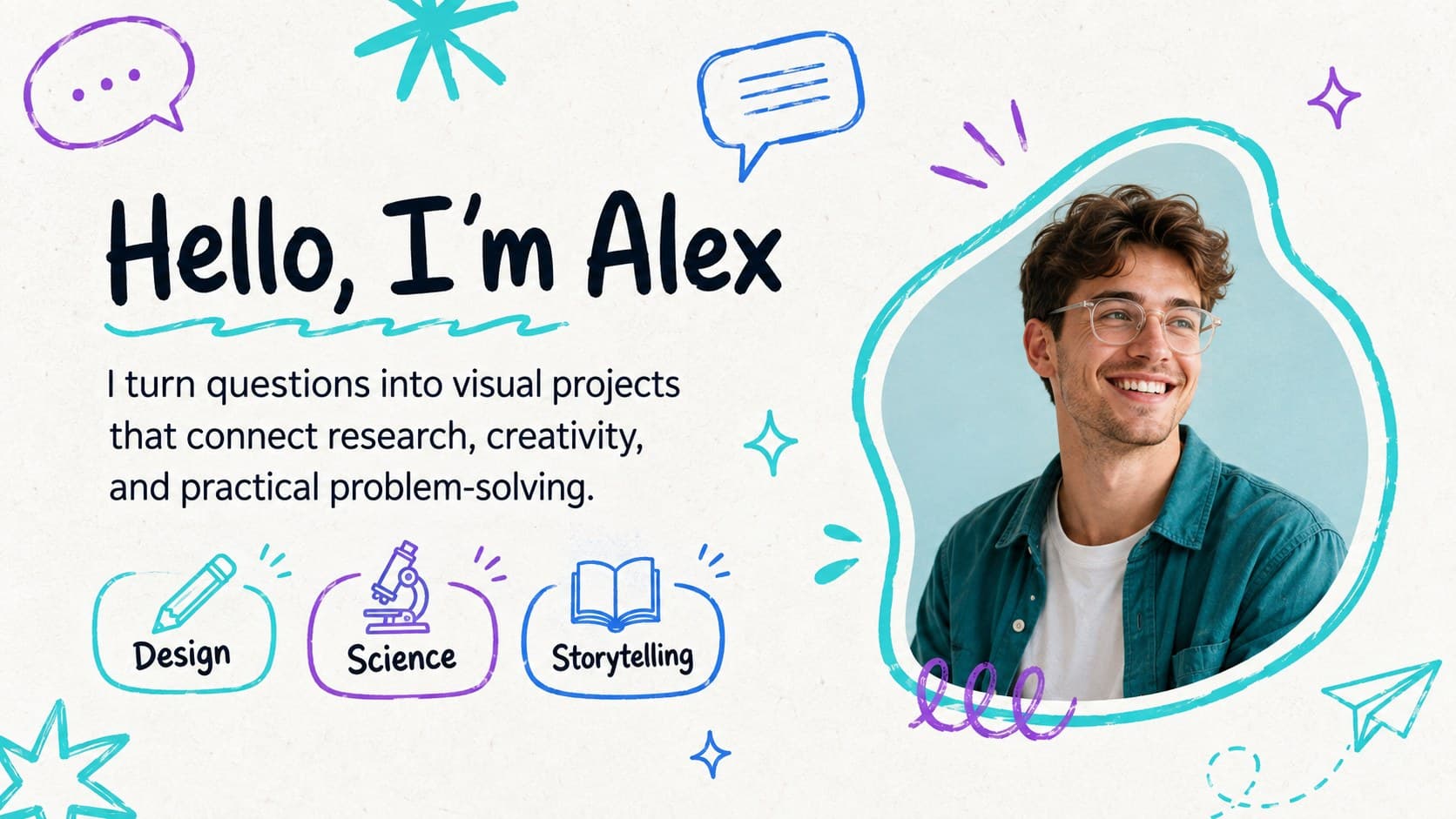 Creative student portfolio presentation profile page with an introduction and personal interests.