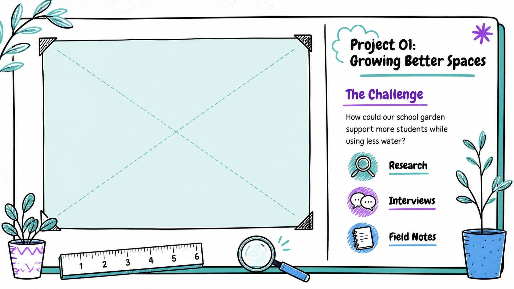 Whiteboard project showcase deck page explaining a community garden research challenge.