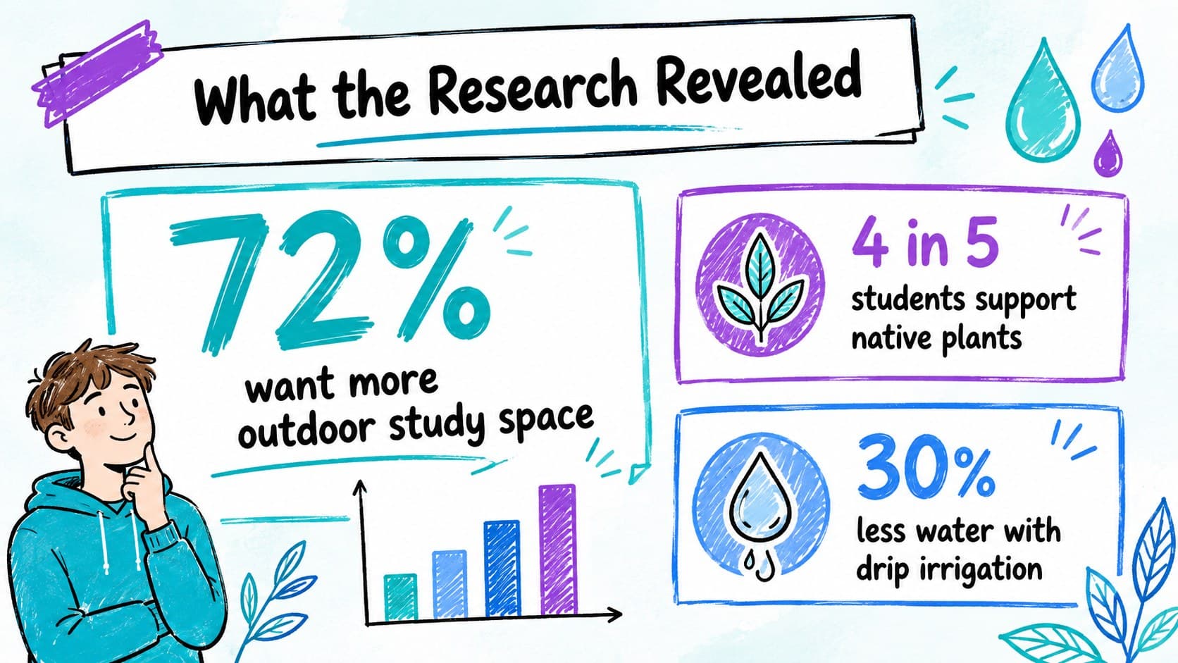 Teal and purple doodle slide theme featuring research findings and survey statistics.