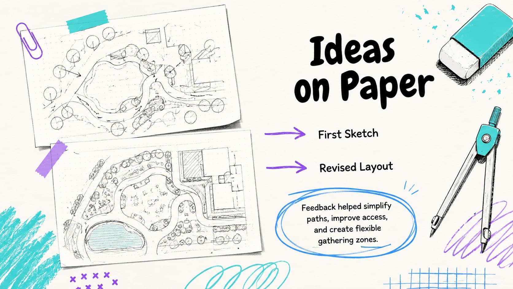 Student work portfolio slide presenting early sketches and design decisions.