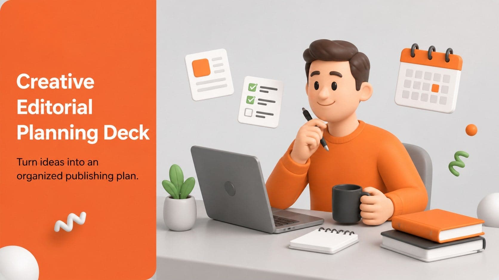 Cover slide for an editorial planning presentation with a bold orange title and playful 3D editorial workspace.
