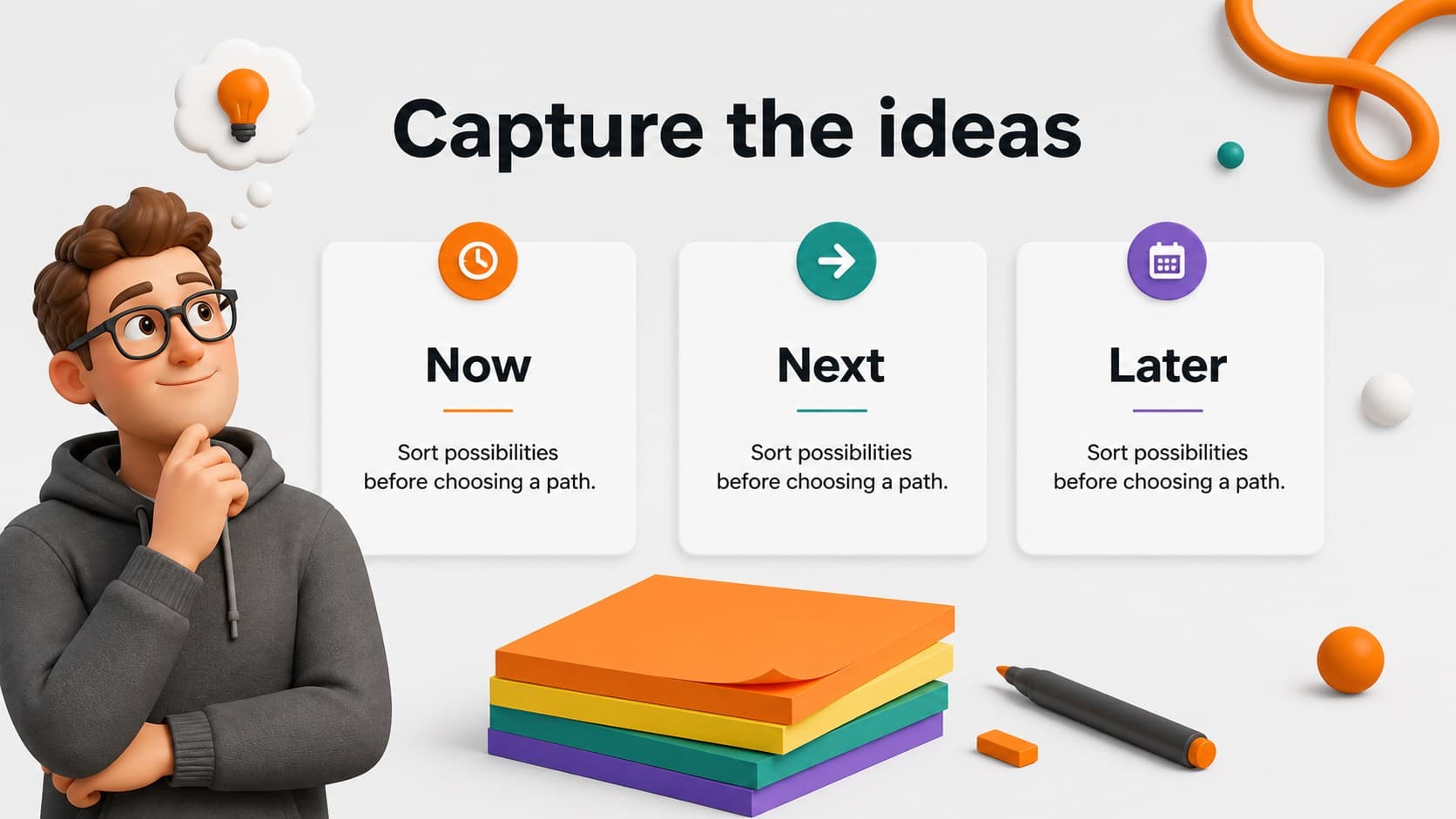 Editorial workflow presentation slide organizing content ideas into a colorful 3D board.