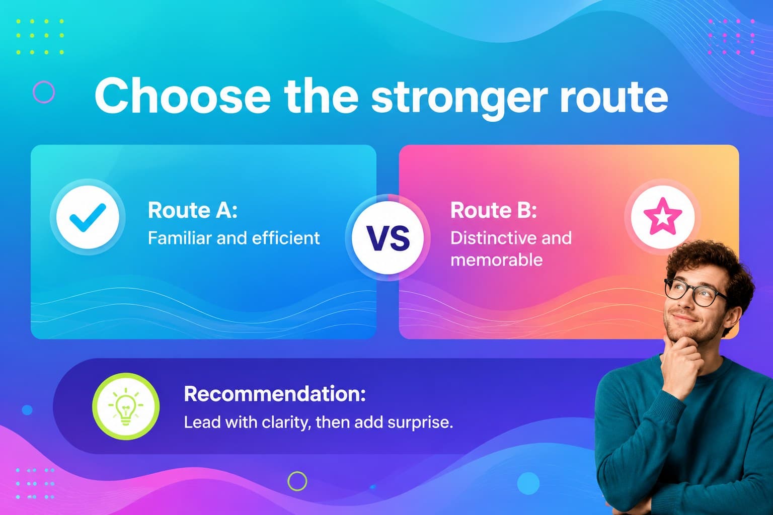 Comparison slide weighing two creative directions with colorful presentation accents.