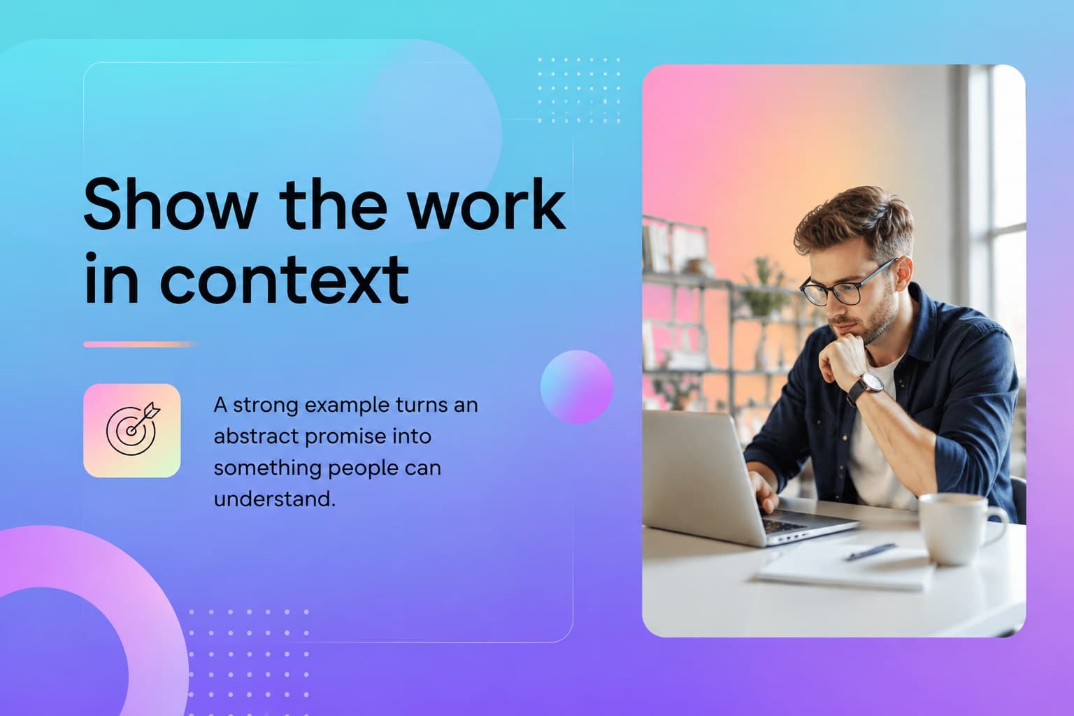 Image-led storytelling slide pairing a creative project message with colorful abstract visuals.