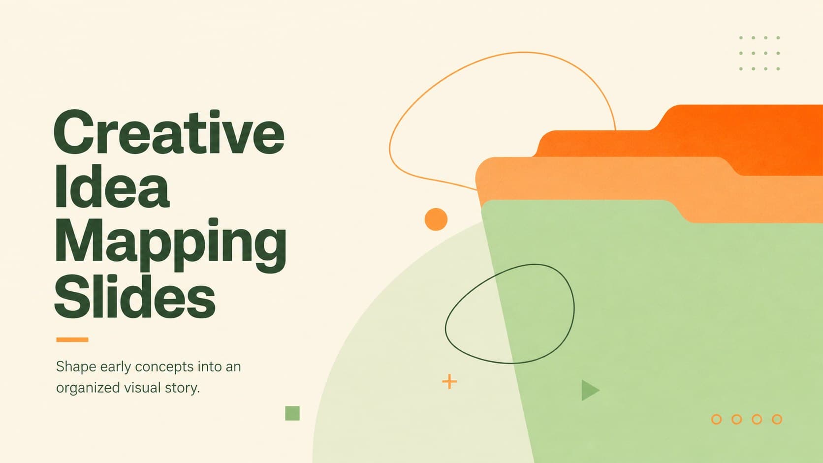 Cover for Creative Idea Mapping Slides with minimalist orange and green shapes framing the workshop title.