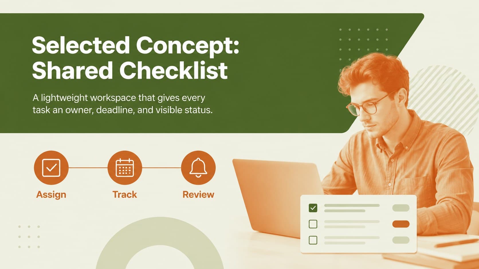 Creative idea mapping slides page presenting a chosen concept with its purpose and core features.