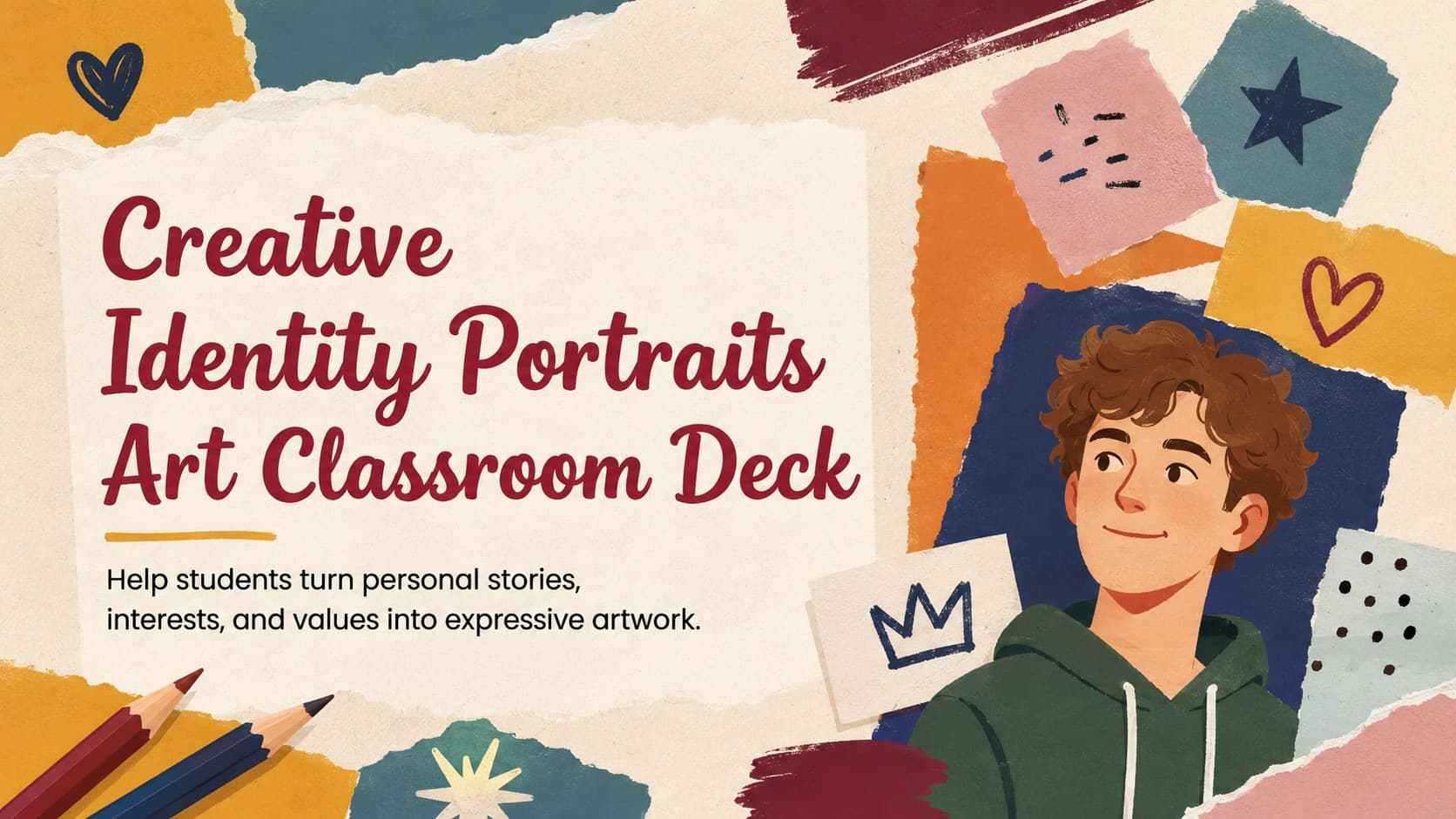 Cover of the Creative Identity Portraits Art Classroom Deck with colorful portrait art and paper-inspired decorations.