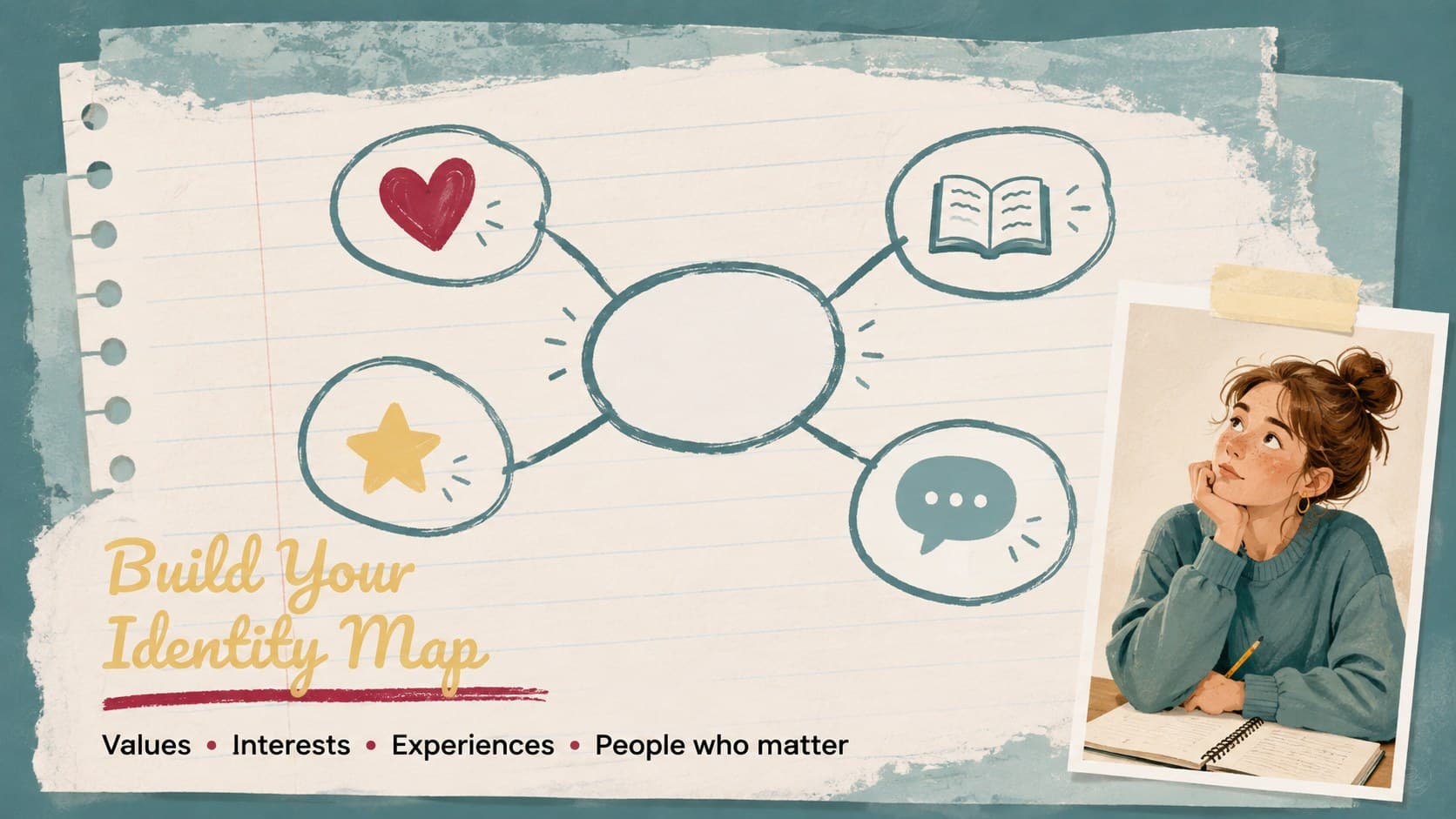 Identity mapping activity slide with prompts for values, interests, experiences, and important people.