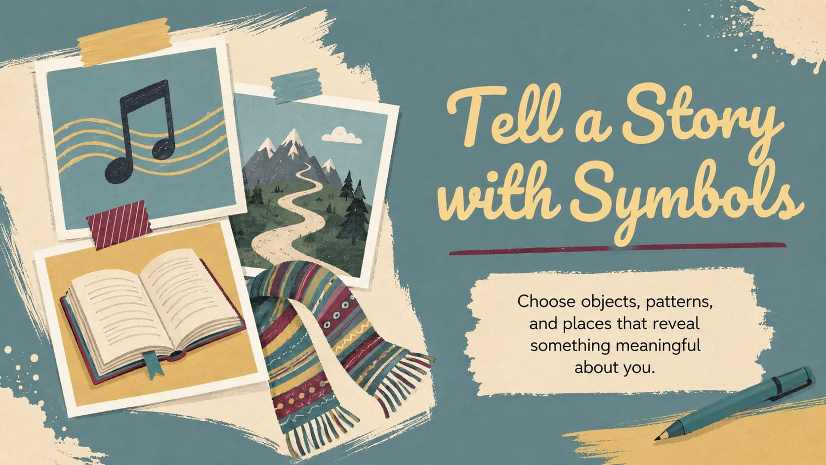 Visual symbolism lesson slide showing how objects, patterns, and places can communicate personal identity.