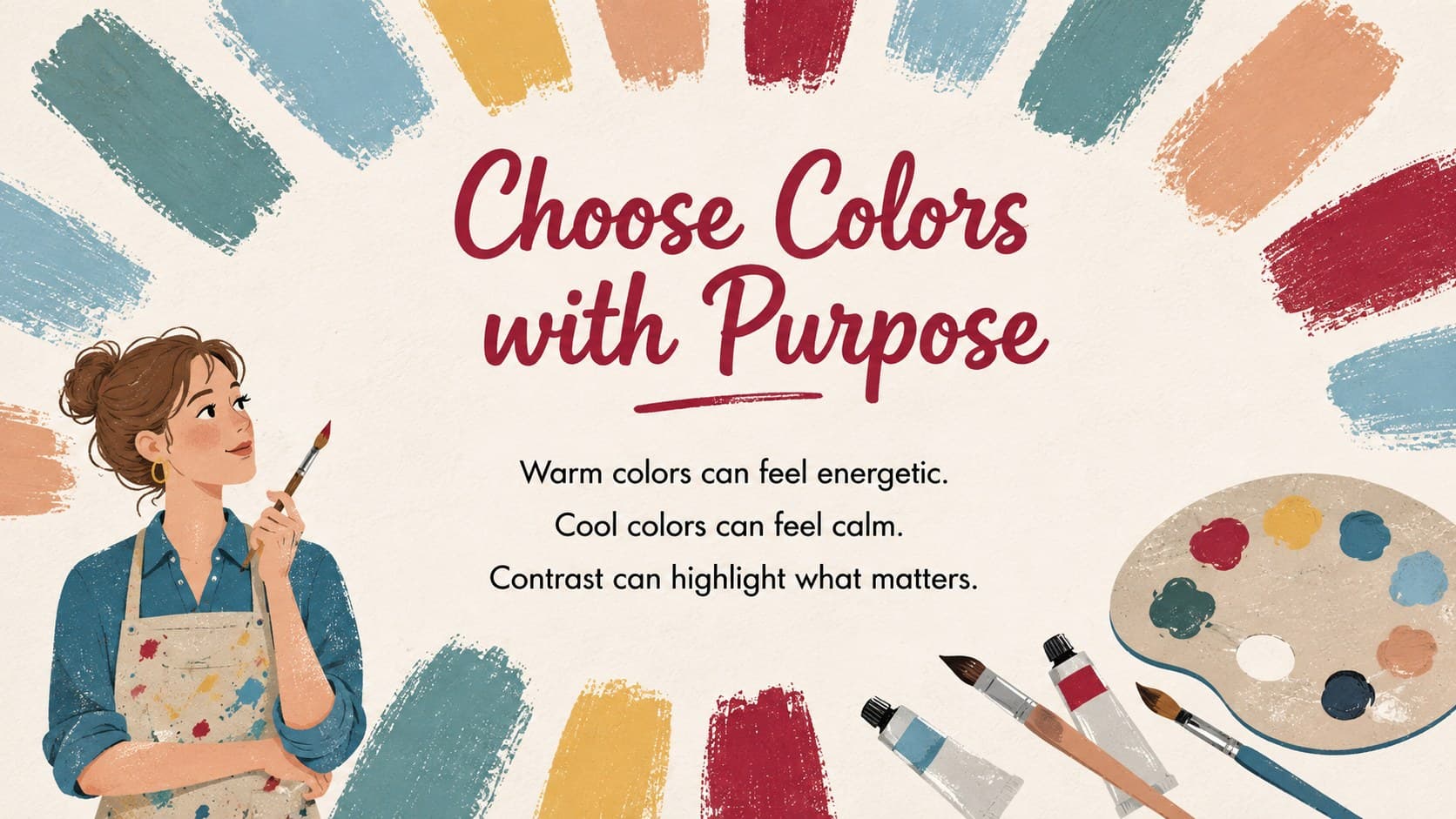 Color meaning slide connecting warm, cool, bright, and muted palettes with portrait emotions.
