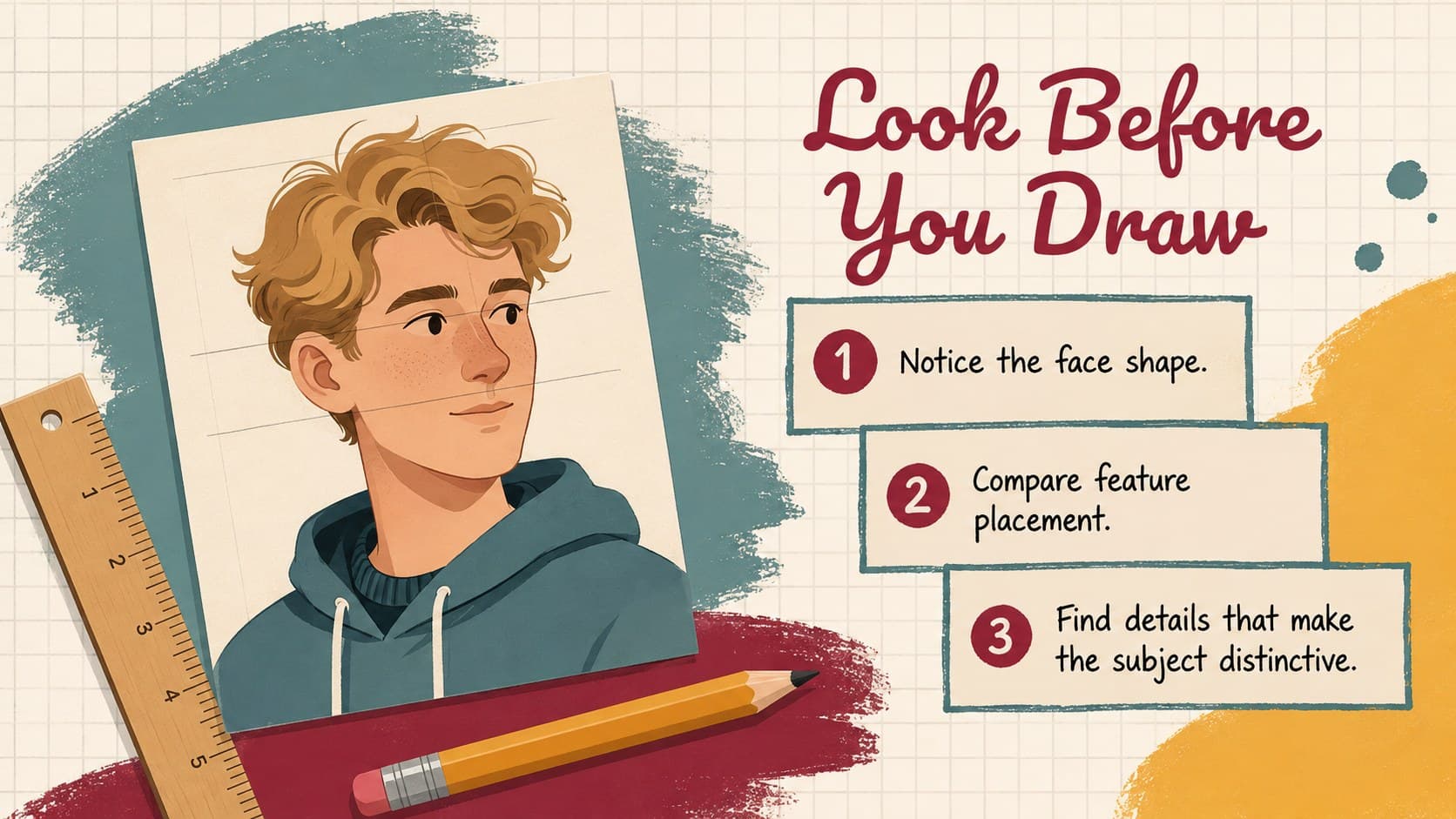 Portrait observation guide with prompts about face shape, feature placement, and distinctive details.