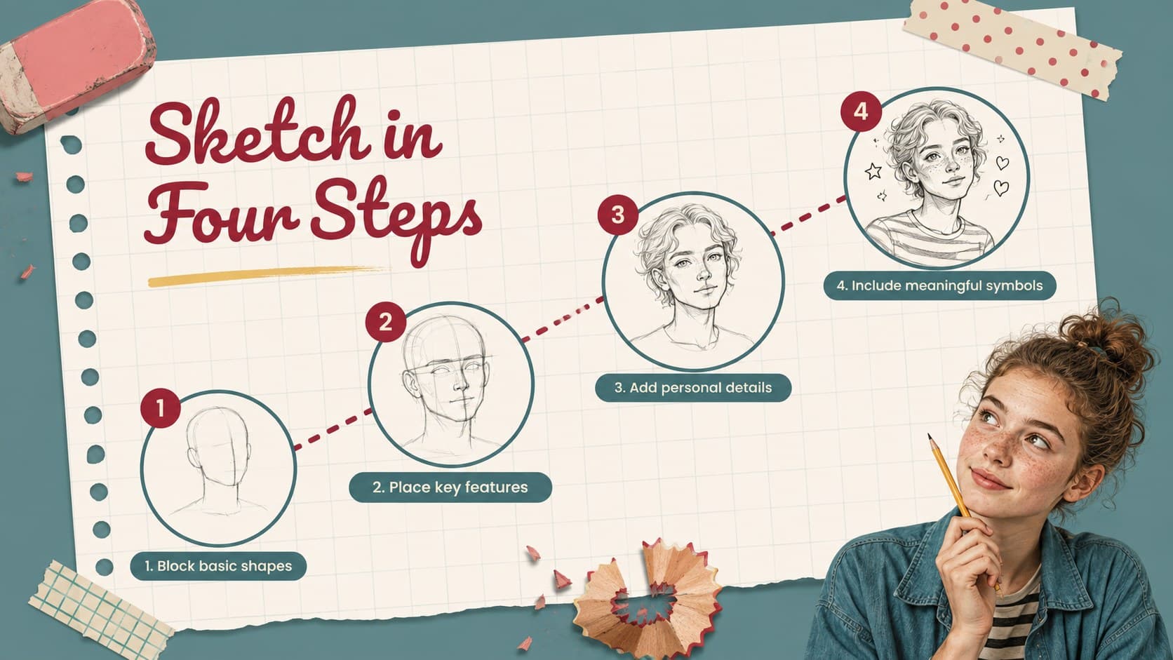 Self portrait sketching process slide with steps for basic shapes, features, details, and symbols.