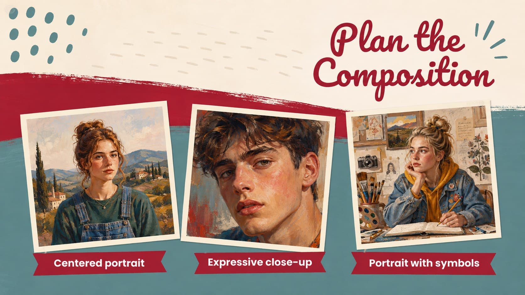 Portrait composition planning slide comparing centered, close-up, and symbolic scene arrangements.