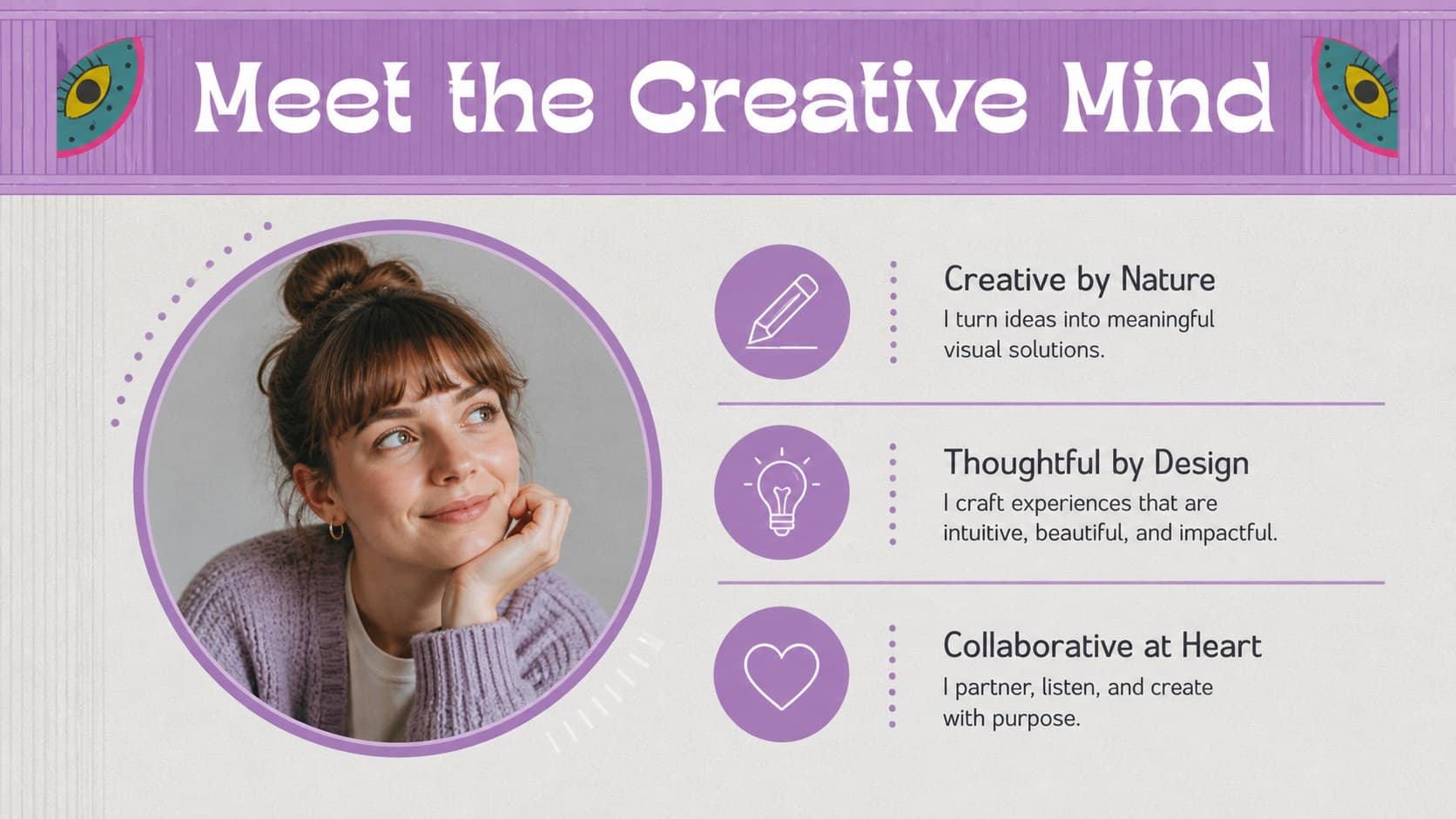 Profile overview slide introducing a creative professional for an artist portfolio presentation.