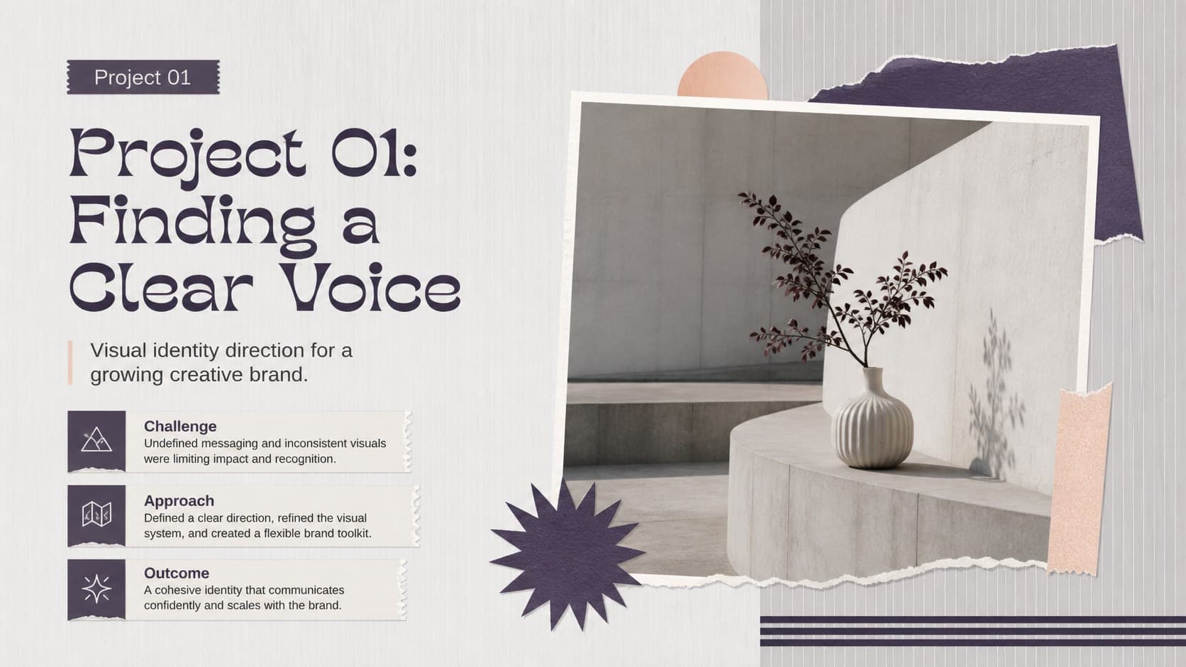Featured project slide presenting a visual identity case study in an editable art portfolio slides layout.