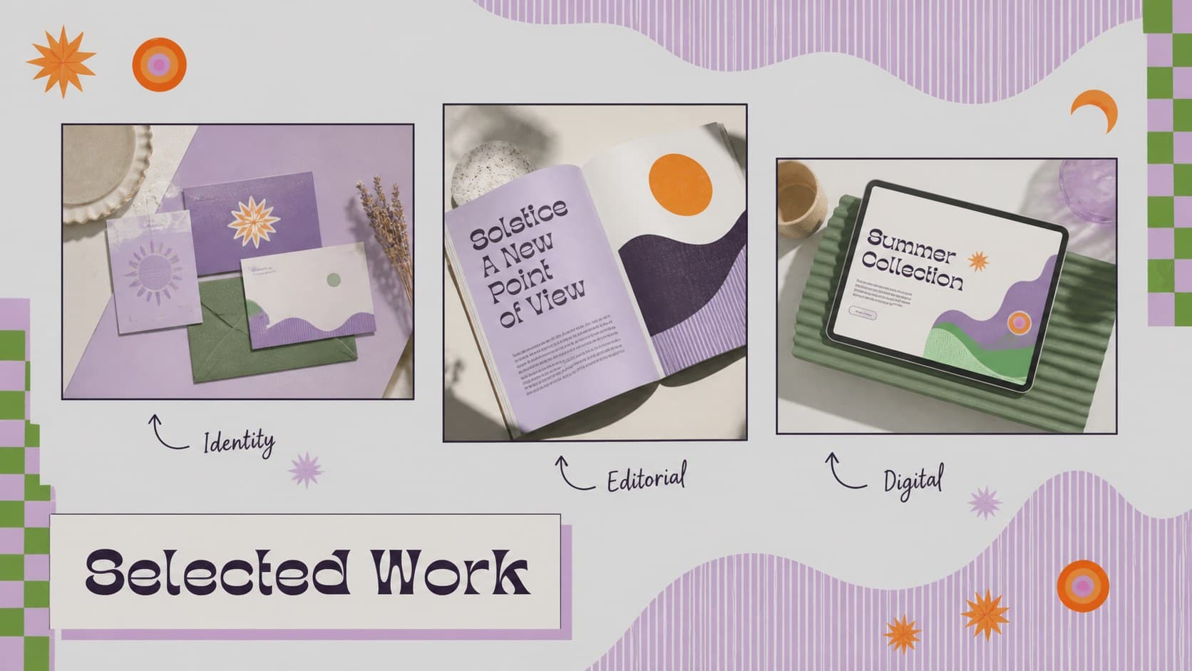Project gallery slide displaying selected creative work in a gray and purple showcase deck.