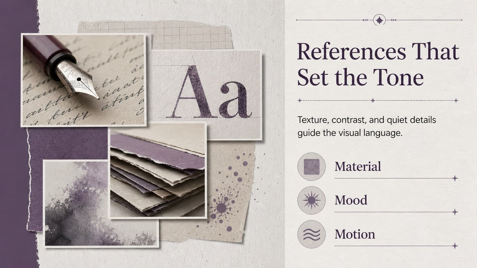 Creative references slide showing a curated moodboard for an artist portfolio presentation.