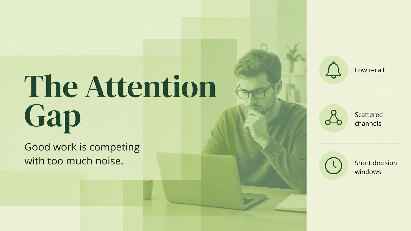 Client challenge slide for an editable campaign strategy presentation with bold green typography.
