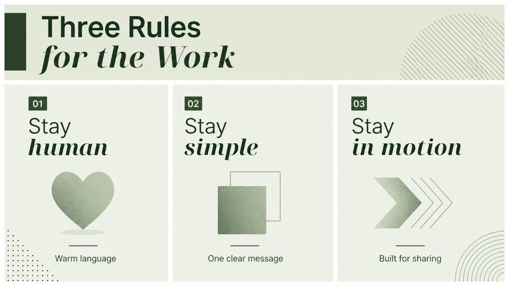 Creative direction slide showing visual principles for a marketing campaign concept deck.