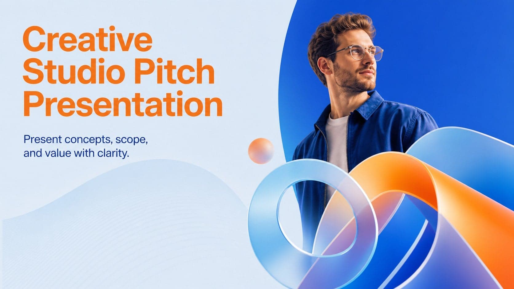 Cover of a creative studio pitch presentation with dimensional blue and orange abstract artwork.
