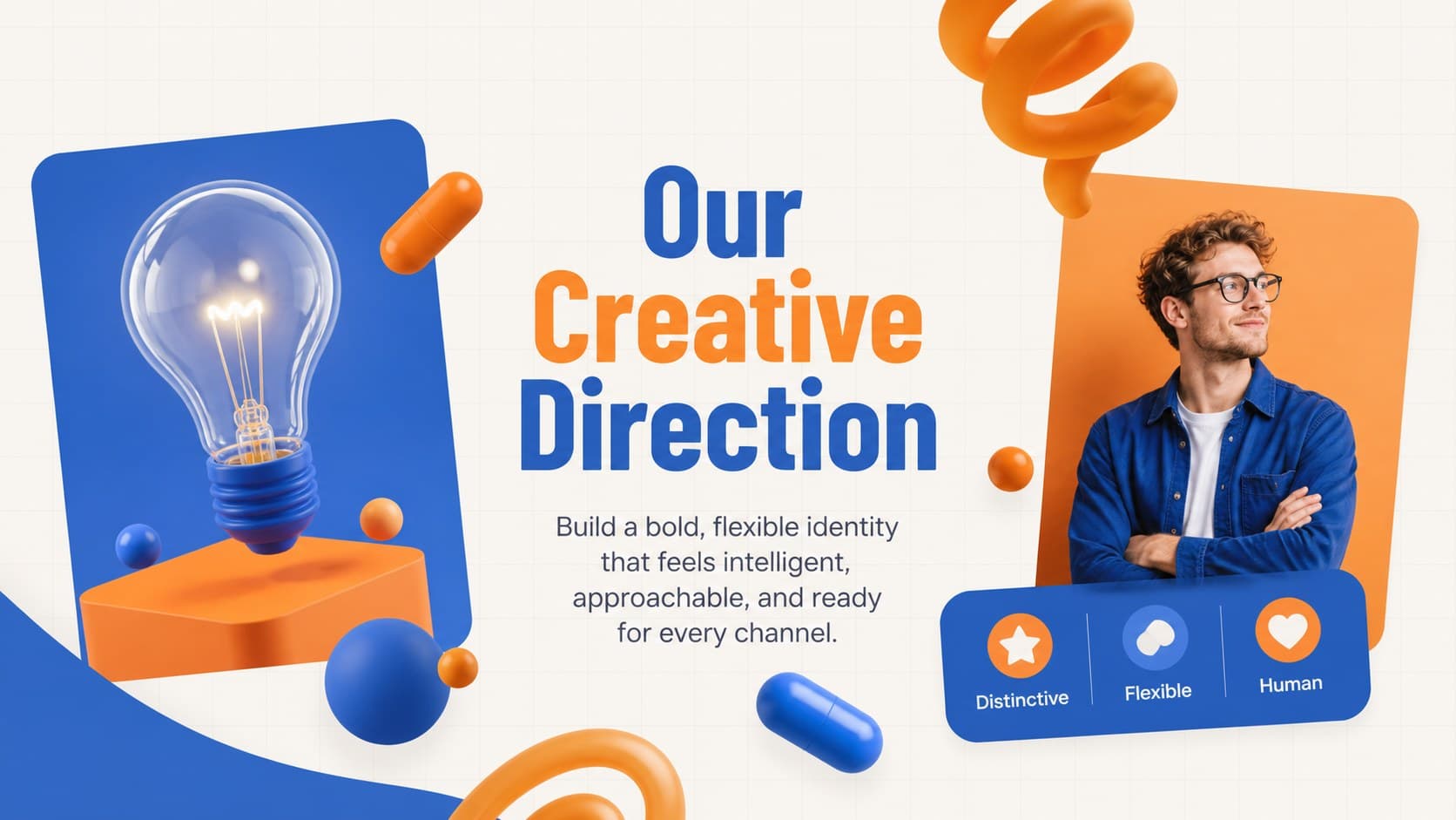 Creative direction overview in a blue and orange agency creative proposal template.