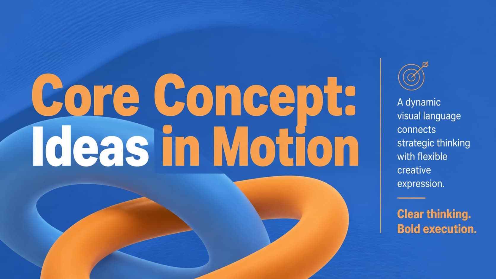 Core concept slide for a visual identity pitch slide deck with dimensional orange and blue forms.