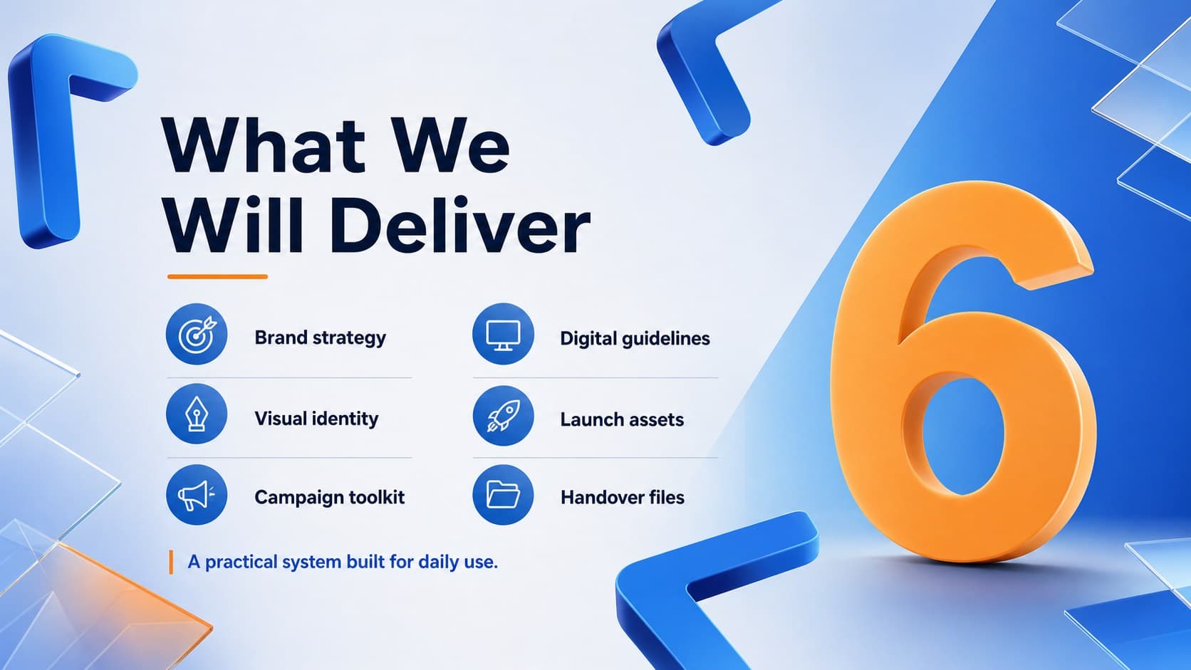 Project deliverables page in a modern design project scope template with organized service categories.
