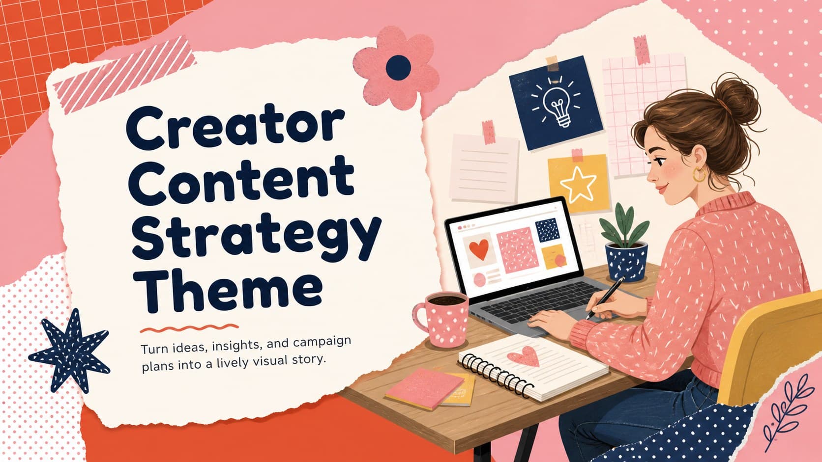 Colorful cover for a Creator Content Strategy Theme with scrapbook graphics in pink and red.