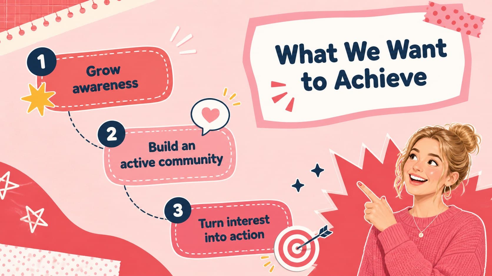 Creator content strategy slide presenting three campaign goals with colorful illustrated icons.