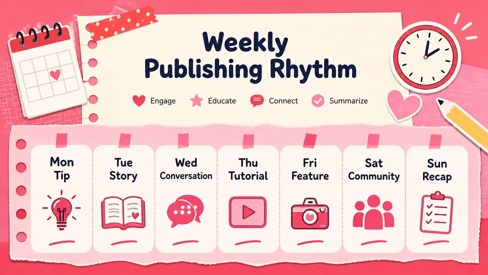 Weekly social media content planning presentation slide with an editable publishing schedule.