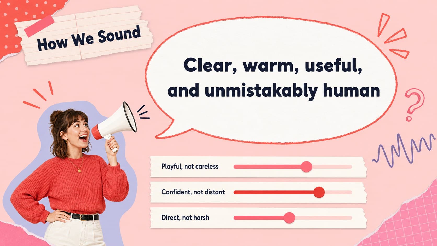 Personal brand voice slide with tone guidelines in a playful pink and red scrapbook layout.