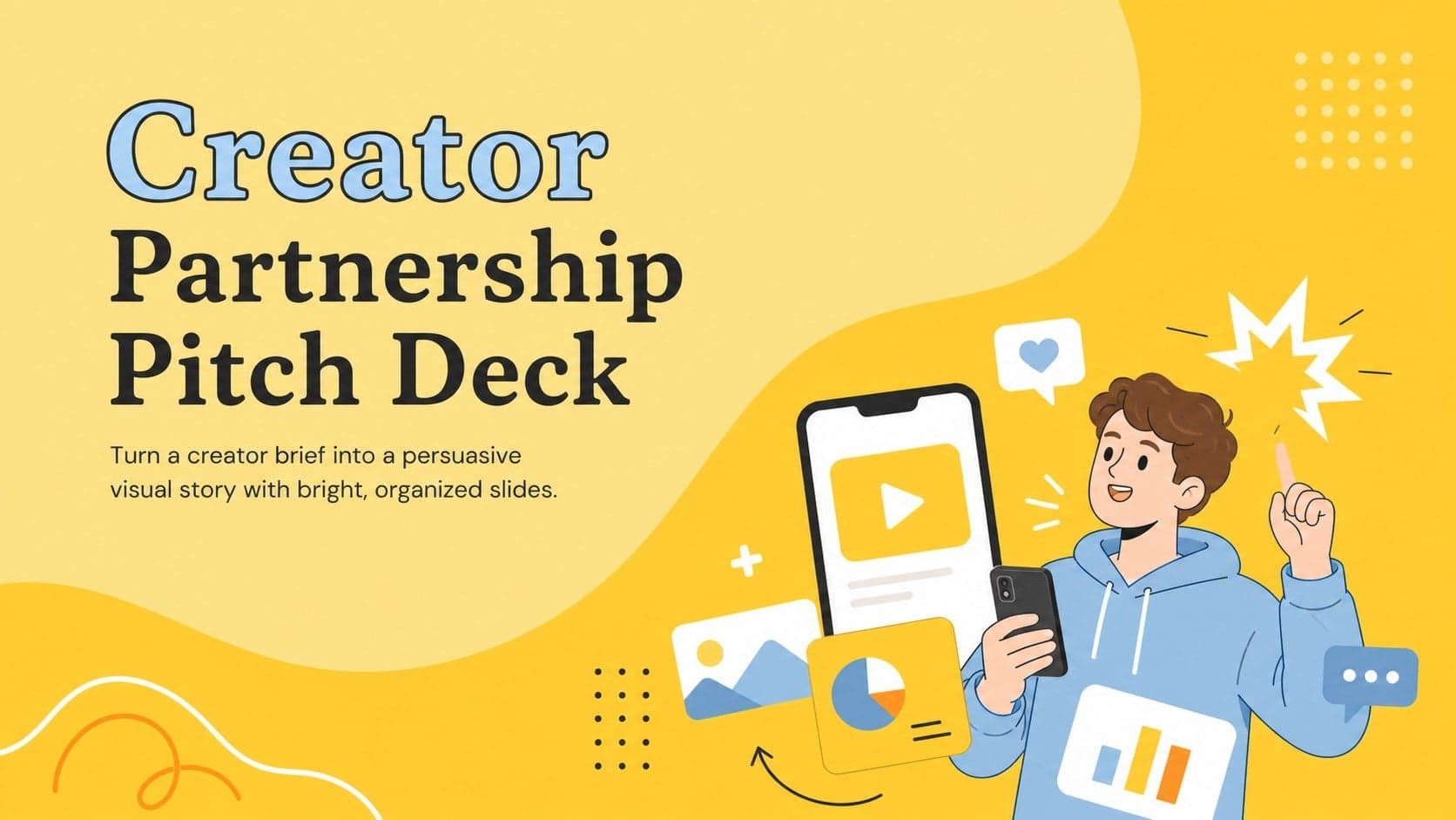 Yellow illustrated cover for a Creator Partnership Pitch Deck with a bold title and playful marketing graphics.