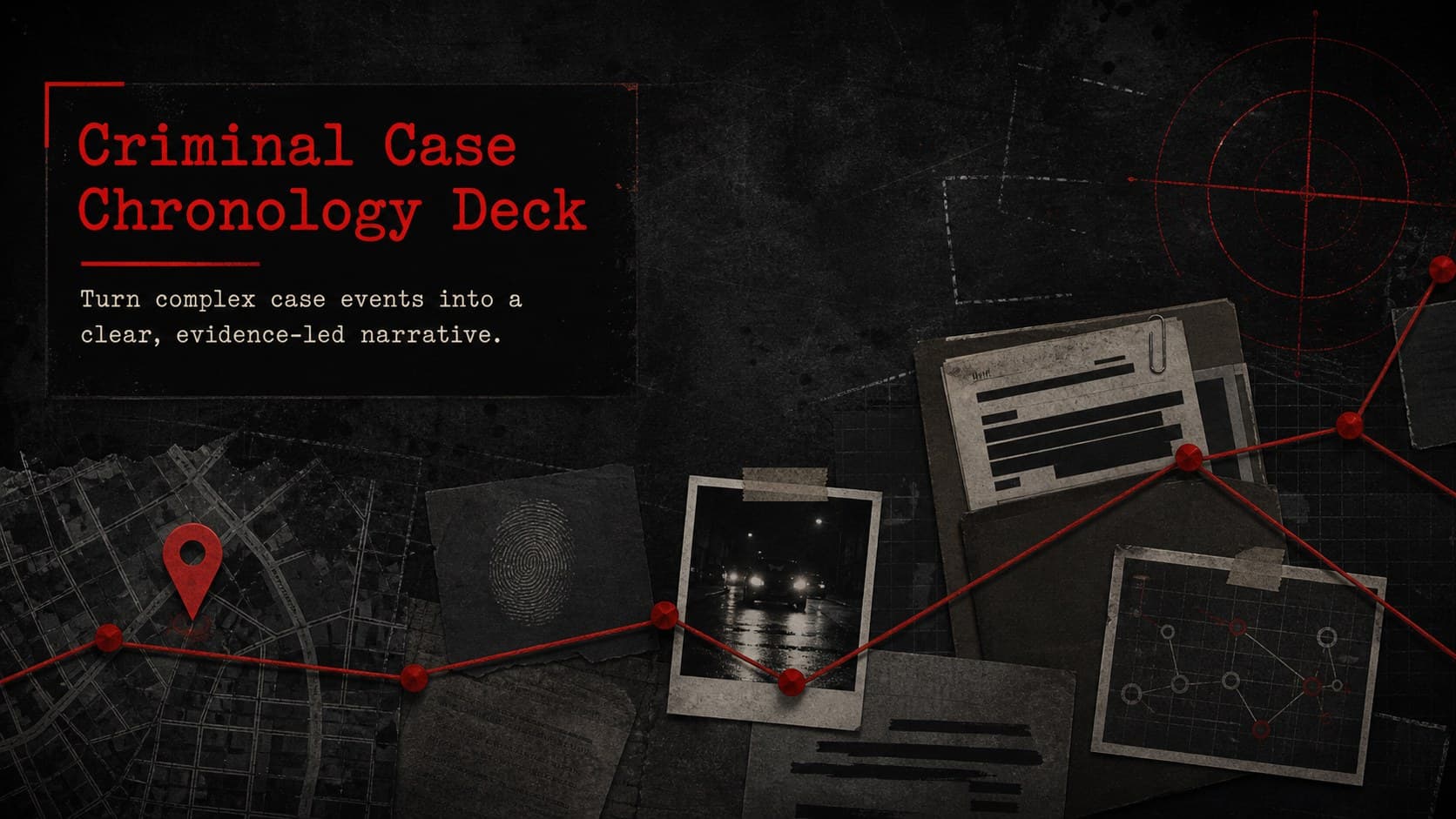Cover of a criminal case chronology deck with bold red timeline accents on a dark investigative background.