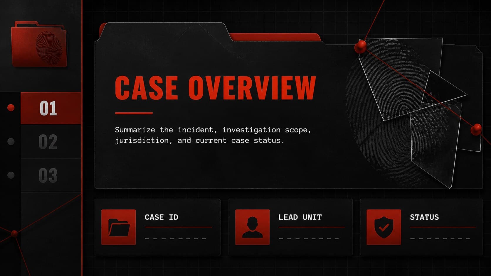 Dark case overview slide summarizing an investigation timeline presentation with red section markers.
