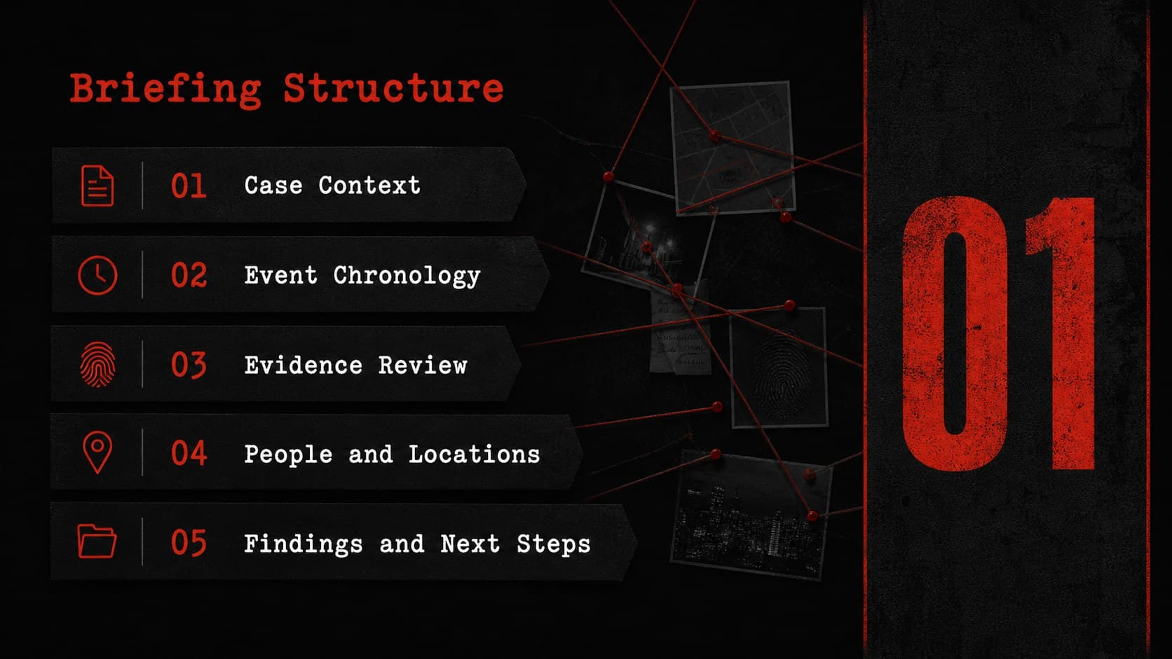 Black-and-red agenda slide outlining sections of a criminal case chronology deck.