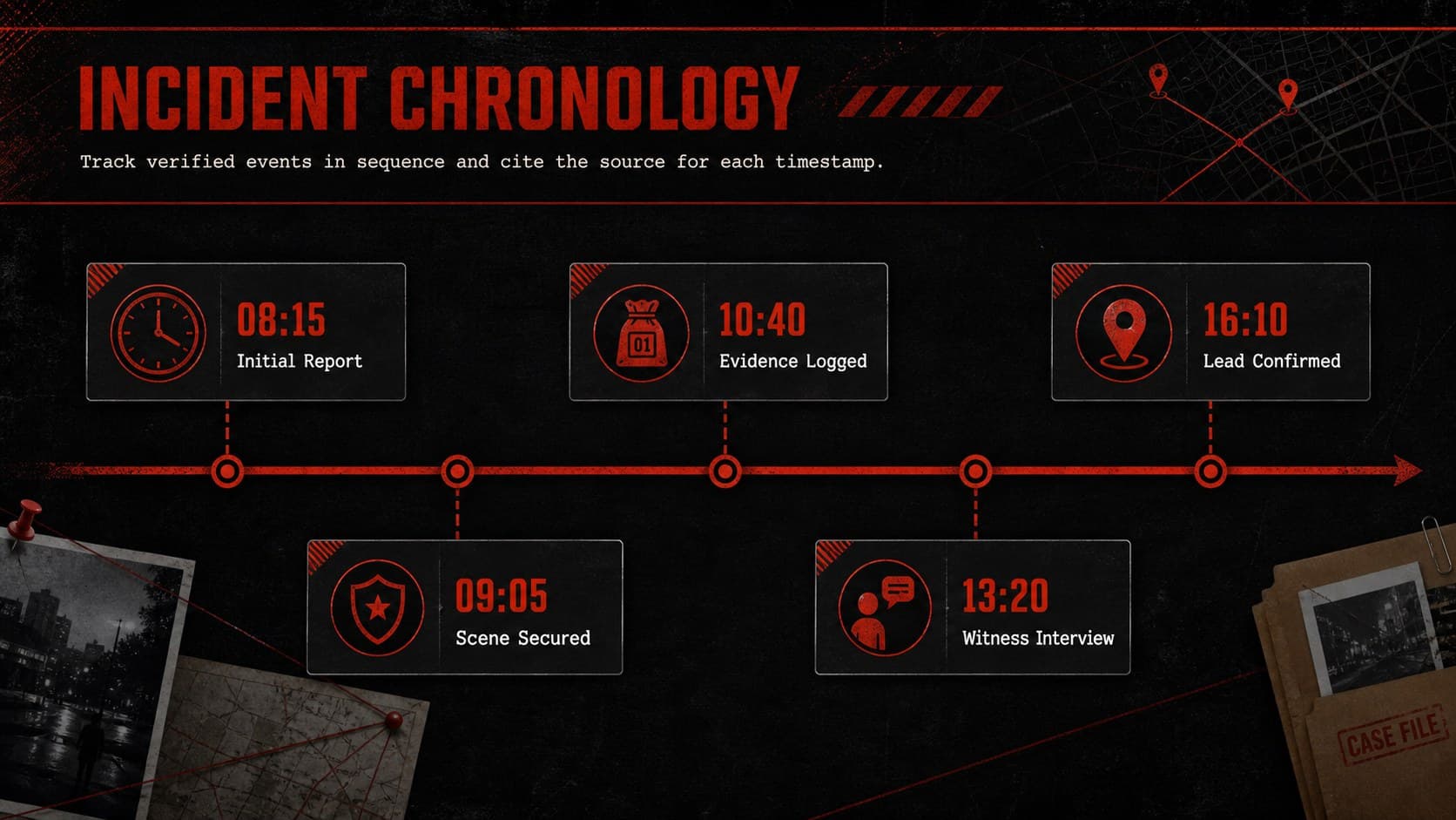 Investigation timeline presentation slide showing five dated incidents across a red horizontal chronology.