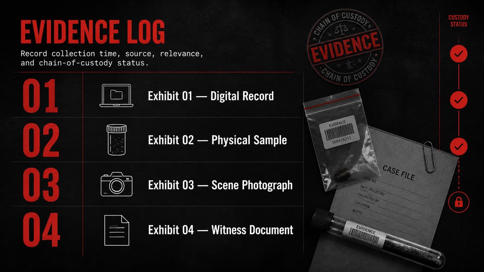 Courtroom evidence timeline template slide with numbered exhibits and chain-of-custody details.
