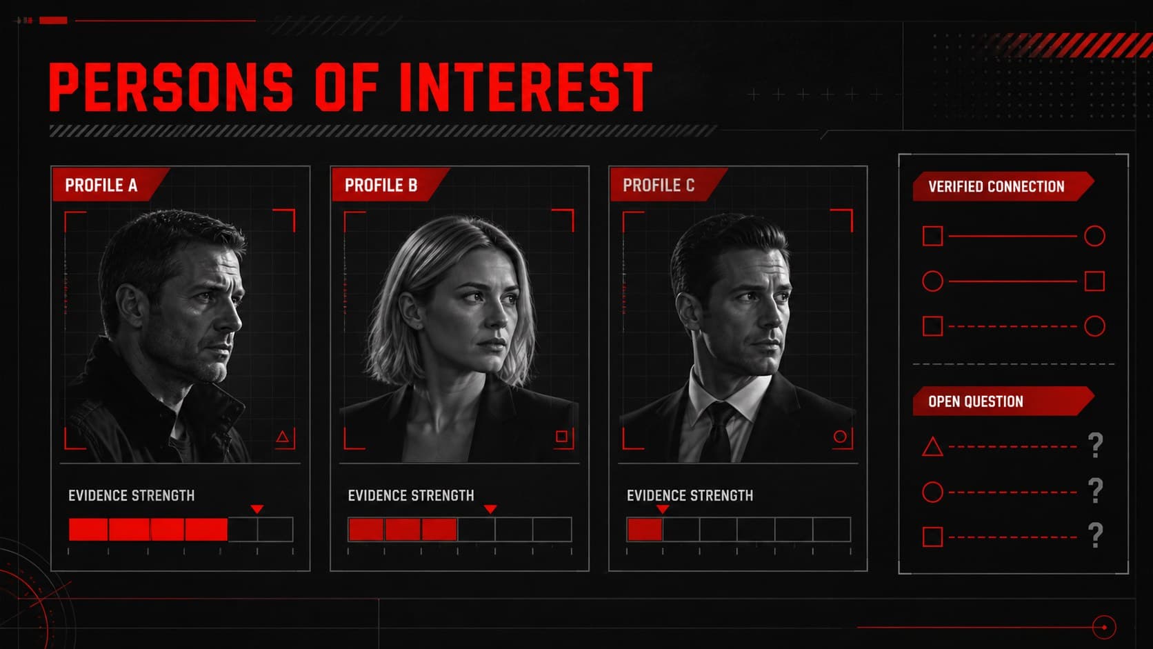 Suspect profile comparison slide in a black-and-red forensic case briefing deck.