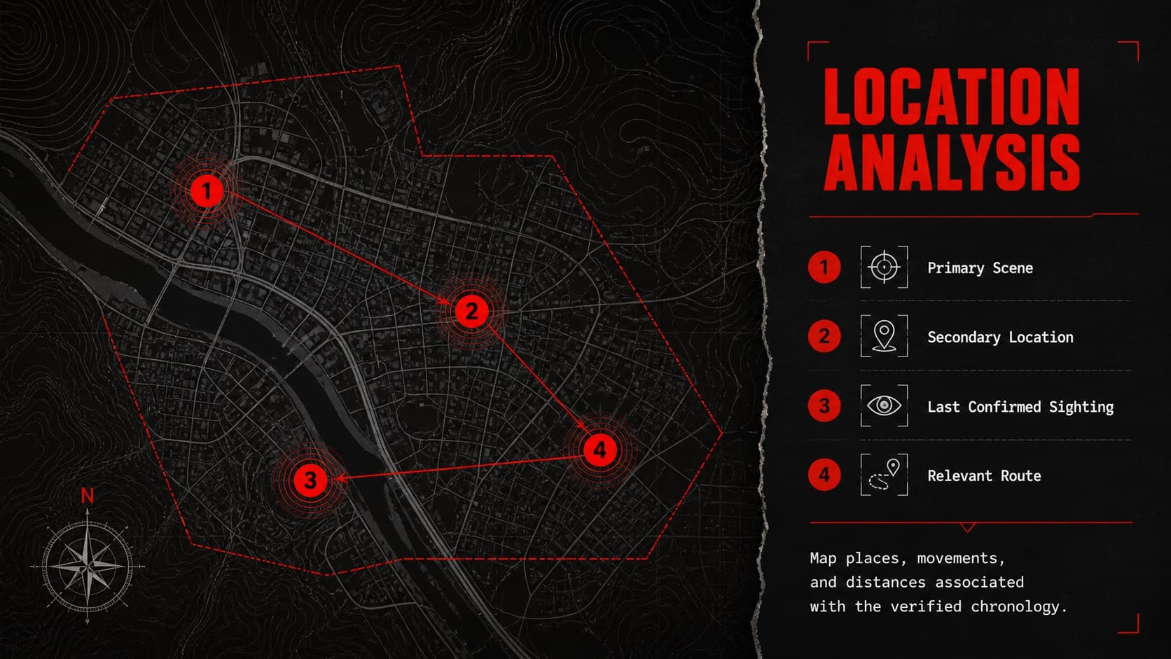 Crime scene location analysis slide with a stylized map and incident markers.