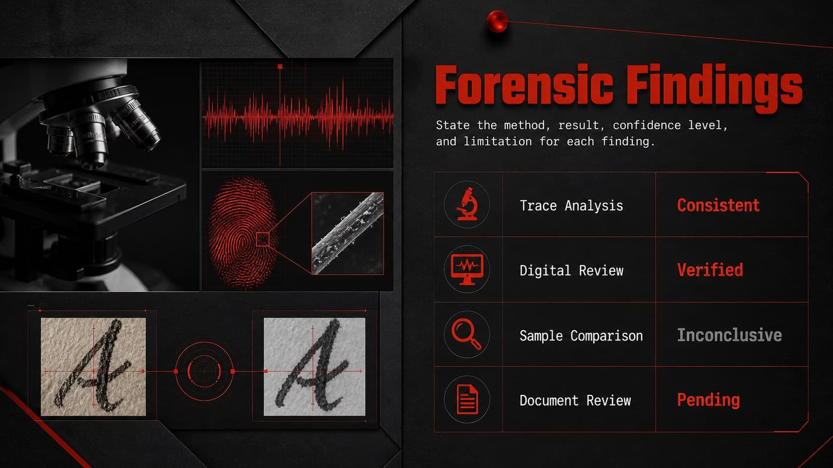 Forensic findings slide presenting laboratory results and evidence confidence levels.